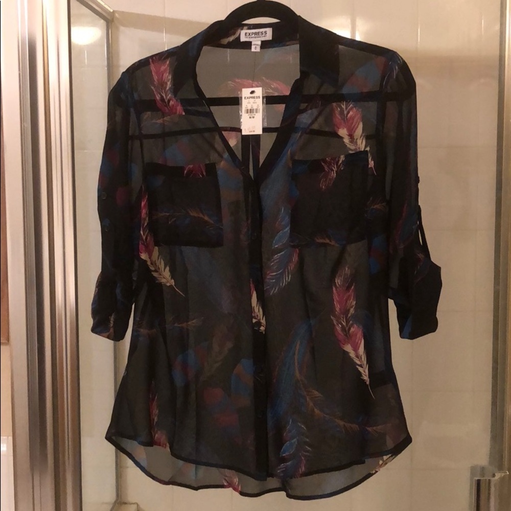 NWOT Express Sheer Black Blouse with Feather Print